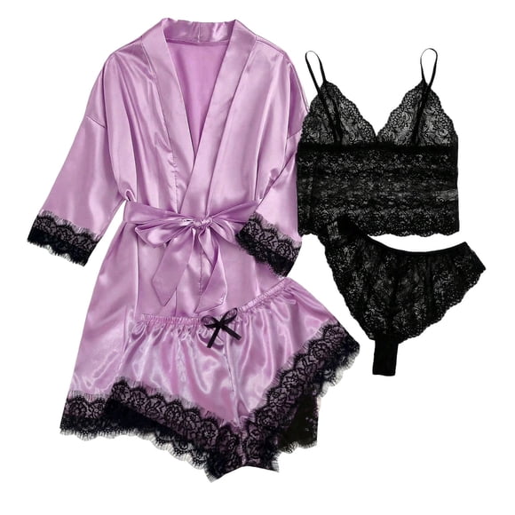 GDREDA Plus Size Pajama Set Women Silk Pajamas For Women Set 4 Piece Satin Sleepwear Classic Button Down Short Sleeve Pj Set Cute Loungewear Women Pajama Sets pyjamas Pink,S