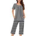 thumbnail image 1 of Timegard Ensembles de Pyjamas pour Femmes 2 Pcs Détente Col Rond Manches Courtes Haut Pantalon Capri à Rayures avec Poches Tenues, 1 of 7