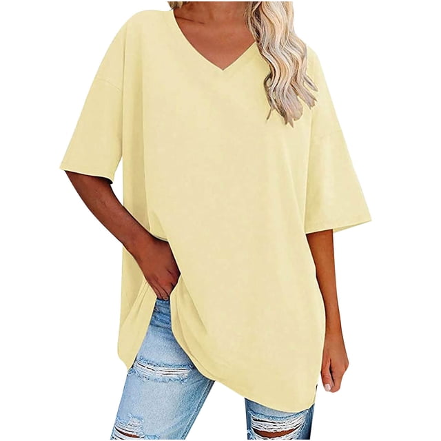 Plebaso T-Shirts Surdimensionnés pour Femmes à Col en V à Manches Mi-Longues T-Shirts Décontractés Unis Confort Hauts Amples pour Femmes