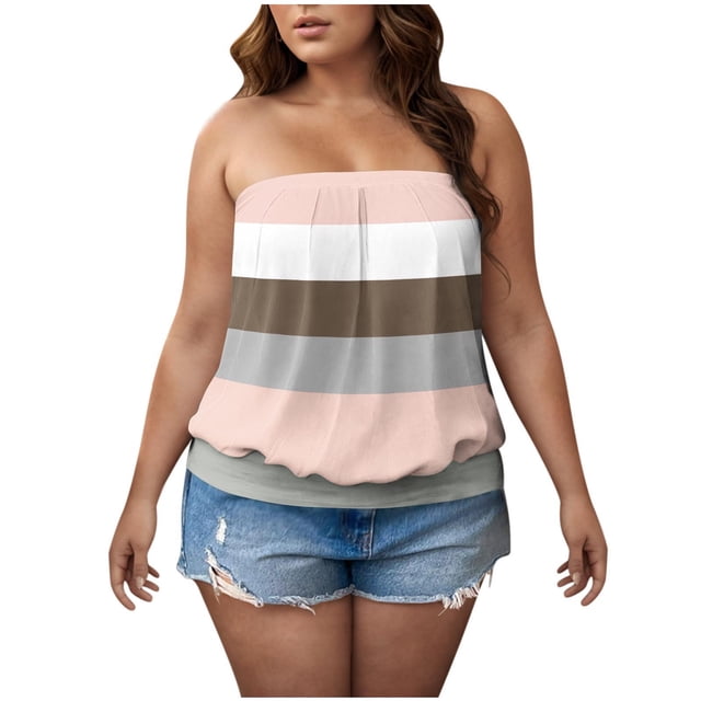 Posijego Women's Tube Tops Plus Size Going out Strapless Tank Top Striped Color Block Sleeveless Shirts