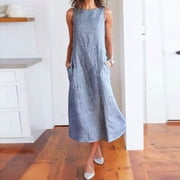 Women Casual Striped Sleeveless Dress Crew Neck Linen Pocket Long Dress