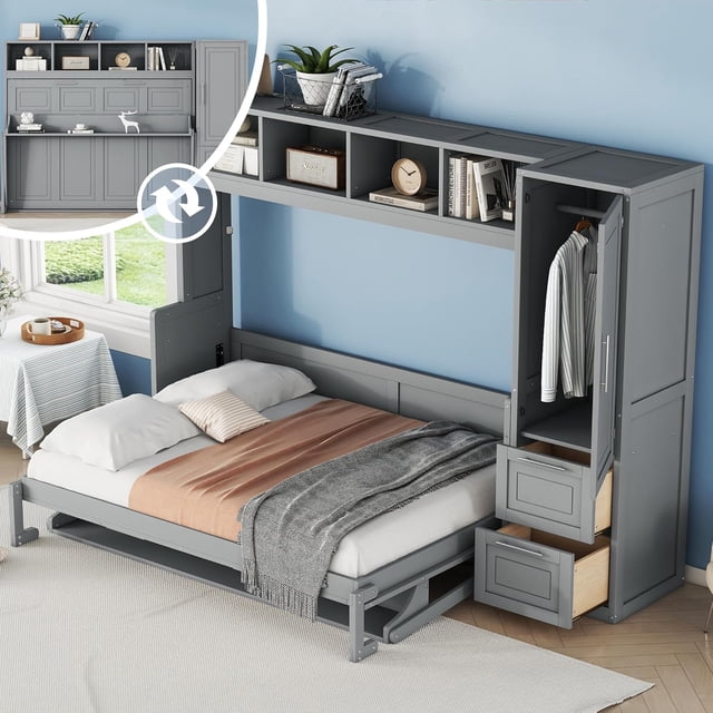 Lit Escamotable Pleine Grandeur avec Armoire de Rangement Murale, Garde-Robe et Tiroirs et Tablette Supérieure Intégrée, Lit Escamotable Dissimulé dans une Garde-Robe, Conception Gain de Place, Gris