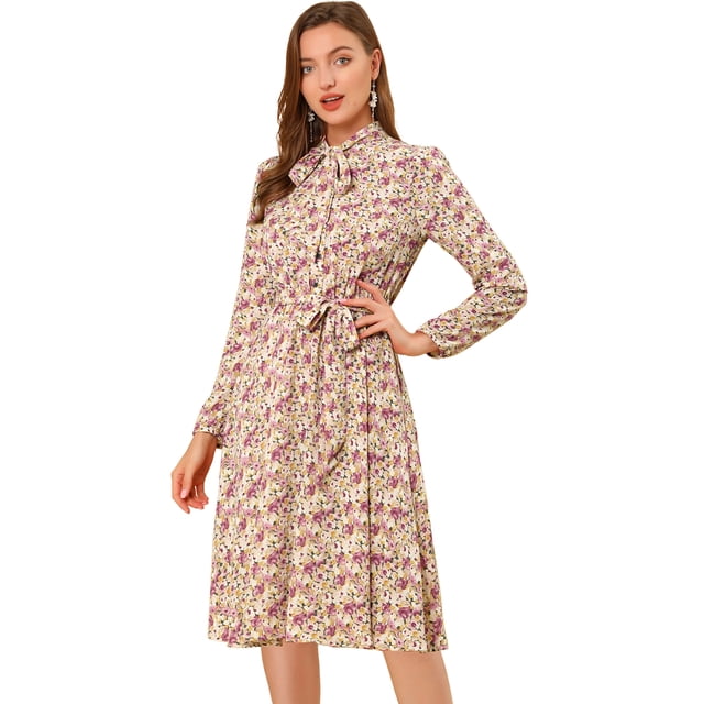 INSPIRE CHIC Robe Ceinturée à Imprimé Floral Vintage en Mousseline à Manches Longues à Col Noué pour Femme