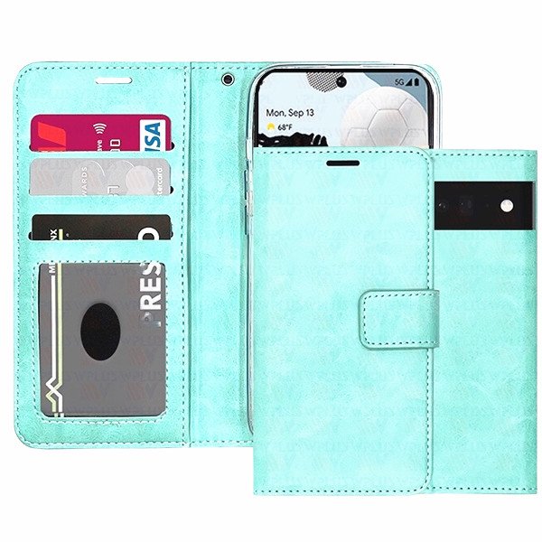 Google Pixel 7A (6.1") 2023 wallet case in a light turquoise color, designed as a leather magnetic card slot wallet folio flip case cover. Features include multiple credit card slots, a pocket for bills, and a magnetic clasp for secure closure. Made from premium synthetic leather with TPU inner lining for shock absorption and drop protection. Suitable for Google phone users seeking a stylish and functional case. The image shows the case open with card slots and closed with the camera cutout visible.