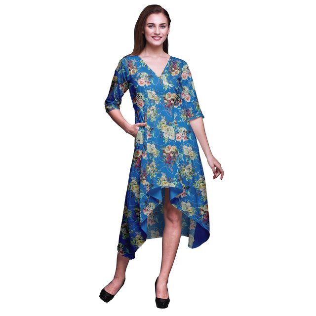 Bimba Cotton Blue Leaves & Ranunculus Floral Womens Asymmetrical Pocket ShiftDressSummer Party MidiDress-Medium