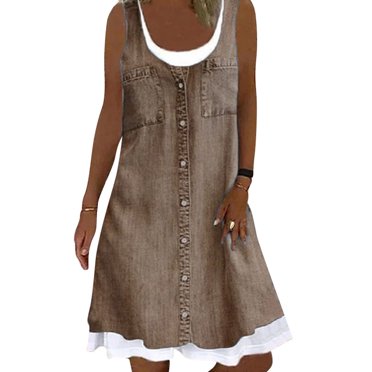 MAWCLOS Robe d'Été Droite pour Femme, Encolure Dégagée, Robe Débardeur, Tunique Midi Unie, Style Bohème, Voyage, Sans Manches, Brun, 5TG