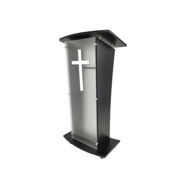 Podium d'Église en Acrylique, Chaire, Débat, Conférence, Lutrin, Plexiglas, Lucite, Étagère en Bois Noir, Porte-Gobelet sur Roulettes avec Croix Blanche 1803-5-BLACK+1803CROSS