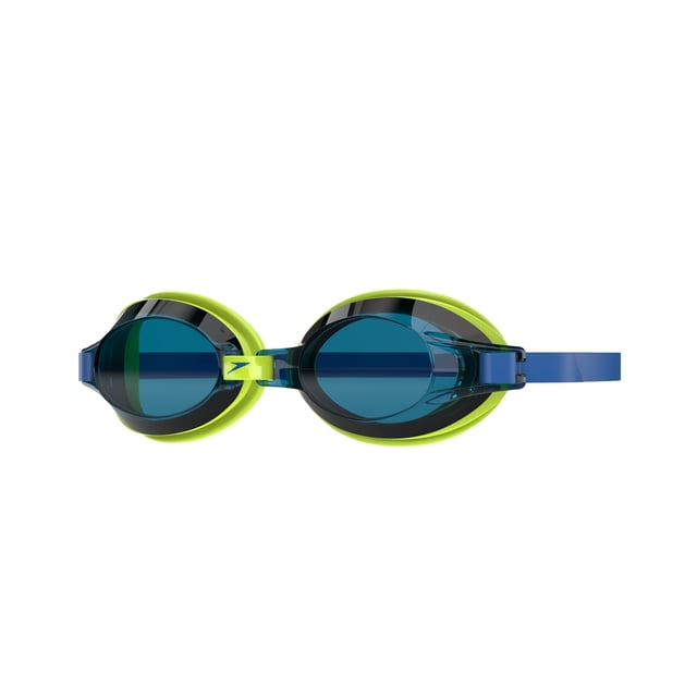 Speedo Skimmer Kids Swim Goggle with blue silicone strap and clear impact-resistant lenses providing UV protection, adjustable nose bridge, and side clip for a comfortable custom fit, designed for beginner swimmers and suitable for winter sports protective gear.