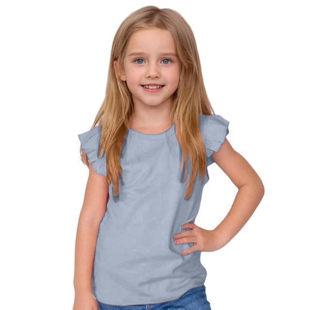 T-shirts Décontractés Amples pour Filles, Couleur Bonbon, Manches à Volants, Col Ras du Cou, Manches Courtes, pour Enfants