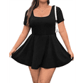 thumbnail image 1 of Women's Mini Dress Square Neck Short Sleeve Ruffle Hem Dresses with Built in Shorts Black L, 1 of 10