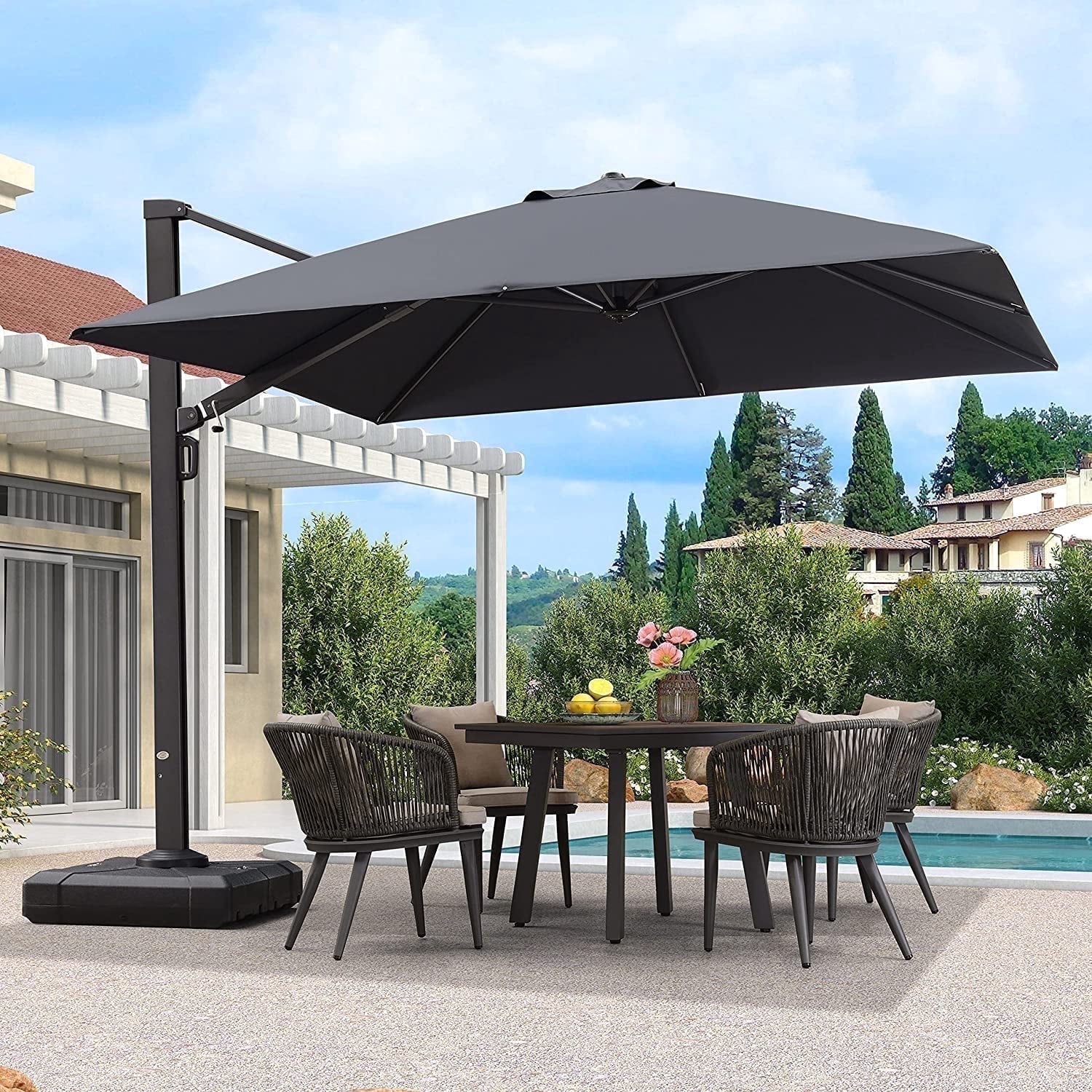 PURPLE LEAF Parasols Déportés d'Extérieur 10 Pi Carrés en Aluminium, Parasols Suspendus Décalés avec Rotation à 360°, Inclinaison Réglable, Grand Parasol de Jardin/piscine/patio, Gris