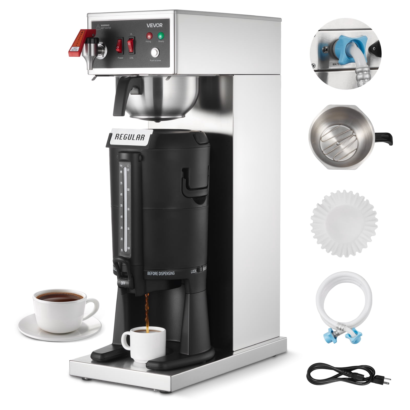 VEVOR Commercial Drip Coffee Maker, 16-17 Cups Machine with 2.5 L Thermal Carafe, Keep Warm for 4 Hours, Stainless Steel Brewer with Auto Water Filling