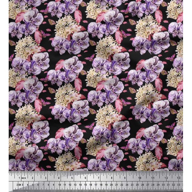 Soimoi Velvet Fabric Insect,Pansy & Yellow Flower Floral Print Fabric by the Yard 58 Inch Wide