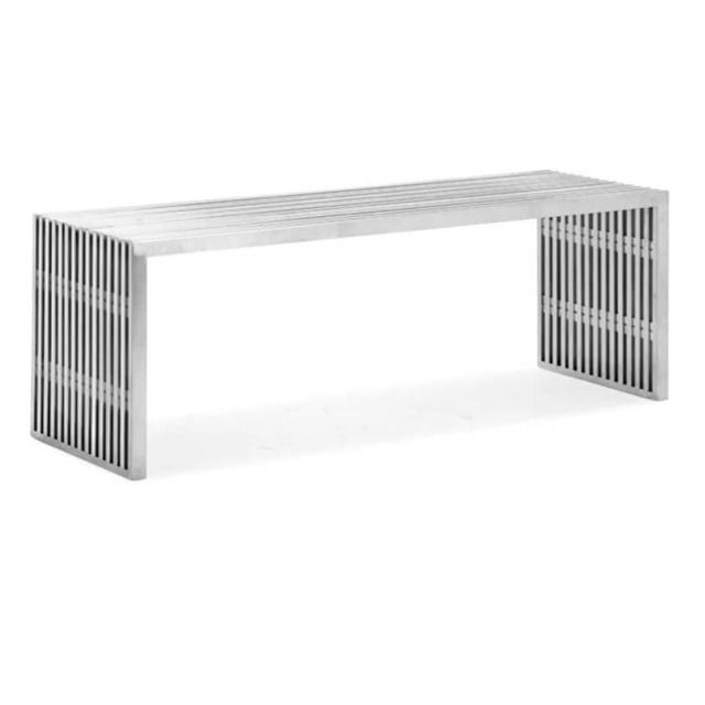 NOVE LARGE BENCH BRUSHED metal bench measuring 55 inches wide with a brushed finish, featuring parallel metal slats on the seat and sides in a minimalist style, ideal for entryway furniture and storage seating in Canadian homes.