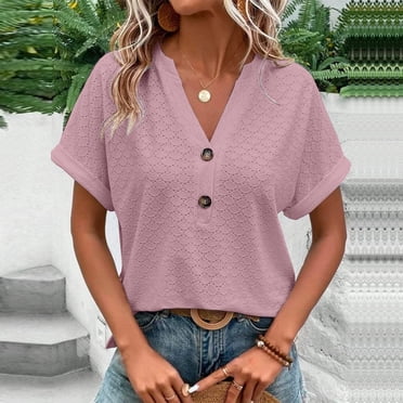 Hauts d'Été pour Femmes, Mode Femmes Nouveau Style T-Shirts Unis à Boutons Respirants Confortables à Col en V à Manches Courtes Blouses Amples Décontractées Hauts pour Dames