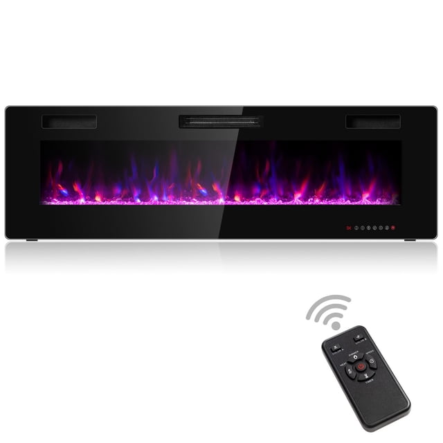 60-inch electric fireplace insert with a black tempered glass frame, showcasing 12 flame and bed color options for a customizable atmosphere. This LED fireplace features two heat settings, 750W and 1500W, suitable for heating up to 400 square feet. It includes a remote control, touch screen interface, and a timer adjustable from 1 to 8 hours. Designed for wall-mounted or recessed installation, it has overheat protection for safety. The image highlights vibrant purple and orange flames with a remote control in the foreground.