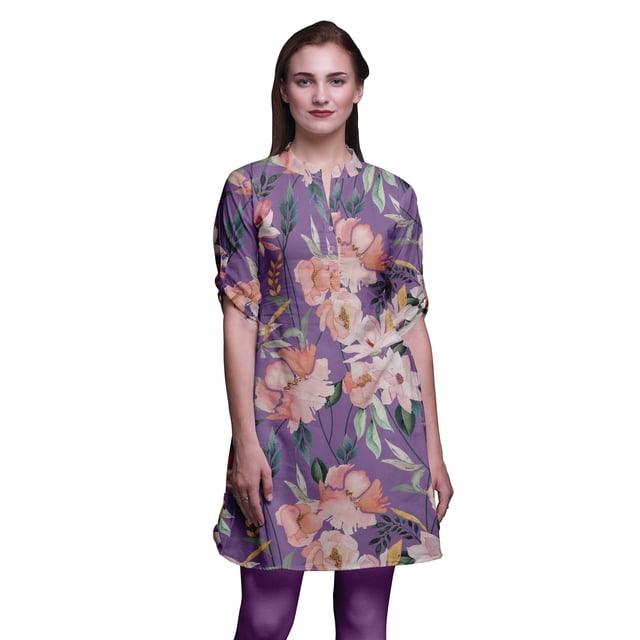 Bimba Kurti à Manches Retroussables pour Femmes, Col Mandarin Imprimé, Hauts de Kurti Courts