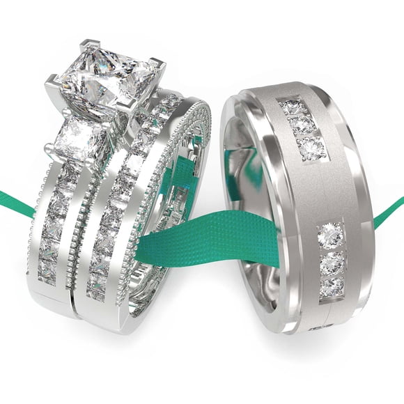 Ringheart Ensembles d'Alliances pour Lui et Elle Bagues de Couple Femmes Argent Sterling 925 Moissanite Homme Alliances en Acier Titane