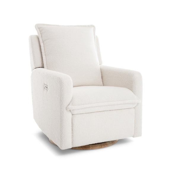 Valencia Milo Fabric Swivel Recliner Chair | Luxurious Sheepskin-Finish Fabric, Swivel, Glide, and Recliner Functionality, Sturdy Wooden Base, Built-in USB Port, White