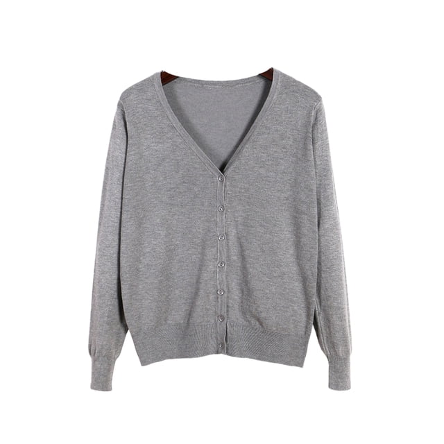Innerwin Cardigan Sweater V Neck Ladies Coat Fall Solid Color Loose Outwear Gray L