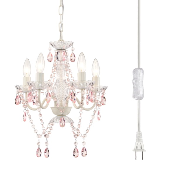 Small Plug-In Chandelier with 20ft Cord, White & Pink Mini Acrylic Crystal 4-Light for BedRoom