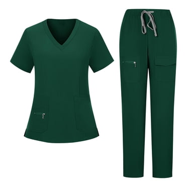 Amzcrzy Ensemble de Sarraus pour Femmes Col en V Manches Courtes Hauts de Sarrau Taille Élastique Pantalon à Cordon Tenue de Travail Couleur Unie Uniforme de Travail avec Poches