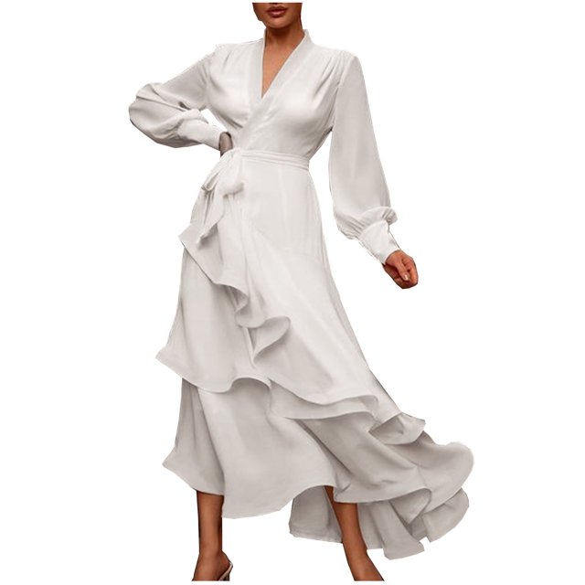 Robe Maxi à Manches Longues pour Femmes Décontractée d'Été Col en V Profond Robe Maxi à Manches Longues Couleur Unie Col Noué Robes Longues d'Été Décontractées Robes Maxi d'Été Décontractées