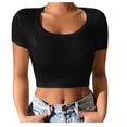 thumbnail image 1 of AherBiu Crop Tops pour Femmes Manches Courtes Col Rond Extensible Slim Serré Sortie Yoga Gym Tops T-Shirts, 1 of 7