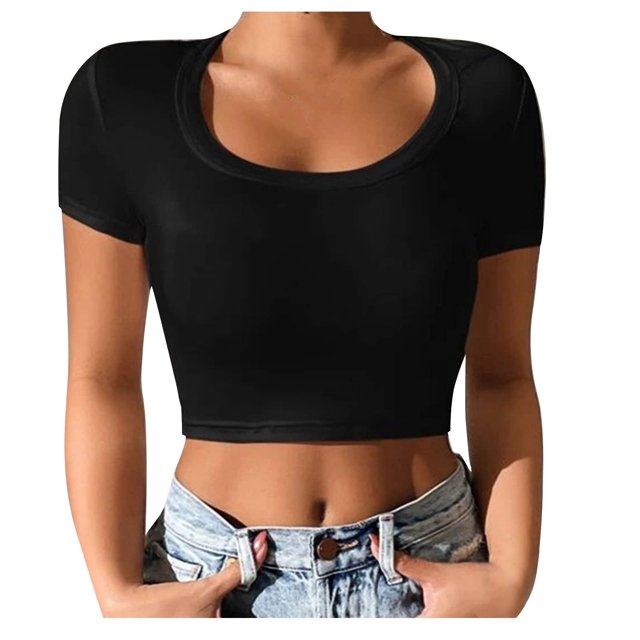 AherBiu Crop Tops pour Femmes Manches Courtes Col Rond Extensible Slim Serré Sortie Yoga Gym Tops T-Shirts