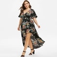 thumbnail image 1 of Robes Maxi pour Femmes Grande Taille Mode Décontractée à Imprimé Floral Col en V Manches Courtes Robes d'Été Taille Empire Robe Évasée Robe Mini, 1 of 5