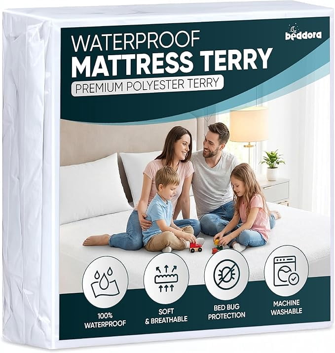 Protège-matelas imperméable Beddora Queen – Housse de matelas en éponge 200 g/m², douce et respirante, avec drap-housse à poches profondes jusqu'à 43 cm d'épaisseur, blanc