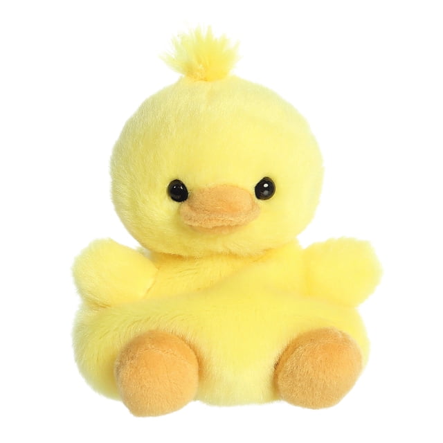 Aurora Palm Pals - Darling Duck 5-inch stuffed animal plush toy featuring a soft, fluffy yellow body, orange beak, and feet. Made with high-quality materials and bean pellets for stability, suitable for all ages.