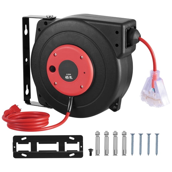 KFFKFF Pull-Out Power Cable Reel, 45 FT, Robust 12AWG/3C SJTOW Retractable Electrical Wire with Illuminated Triple Tap Outlet, 15 Amp Circuit Interrupter 180° Pivoting Bracket for Ceiling or Wall