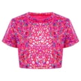 thumbnail image 3 of Haitryli T-Shirt Court à Manches Courtes pour Filles, Imprimé Coloré, Métallique Brillant, Col Rond, Costume pour Danse et Spectacle, Rose Vif 160, 3 of 7