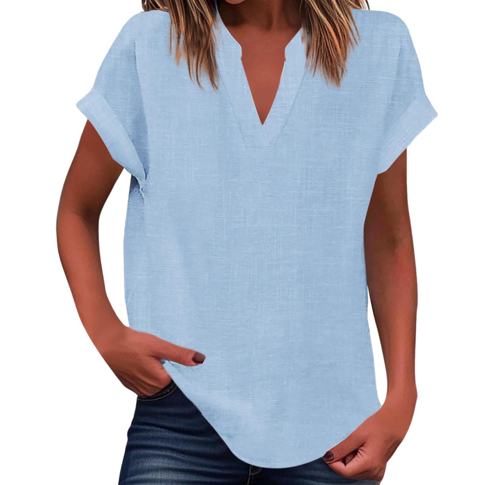 WEIYLL Womens T-Shirts Summer Loose Fit V Neck Curved Hem Flowy Solid Blue Tops Sizes XXL