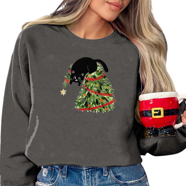WEAIXIMIUNG Chandails en Molleton Courts pour Femmes Ensemble Motif Lumières Arbre de Noël Chat Col Rond Manches Longues Chandail à Capuchon pour Femmes Décontracté Vacances