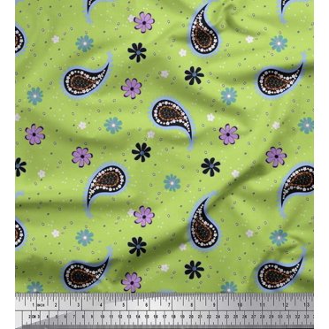 Soimoi Green polyester Crepe Fabric Star,Paisley & Cosmos Floral Print Fabric by the Yard 42 Inch Wide