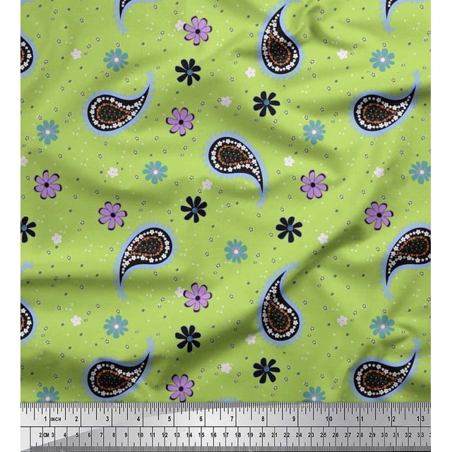 Soimoi Green Poly Georgette Fabric Star,Paisley & Cosmos Floral Print Fabric by Yard 52 Inch Wide