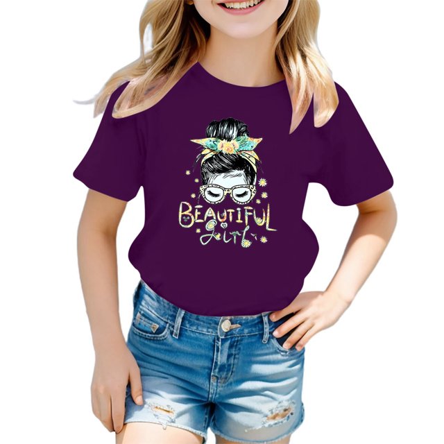 WEAIXIMIUNG T-Shirts à Col Montant pour Fille Enfant Filles Mignon Imprimé Graphique Col Rond Manches Courtes Tee Été Décontracté T-Shirt