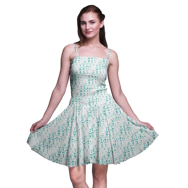 Bimba Robe Soleil Mini pour Femmes à Bretelles Spaghetti, Taille Smockée, Haut Imprimé Teinture sur Nœuds - XX-Grand
