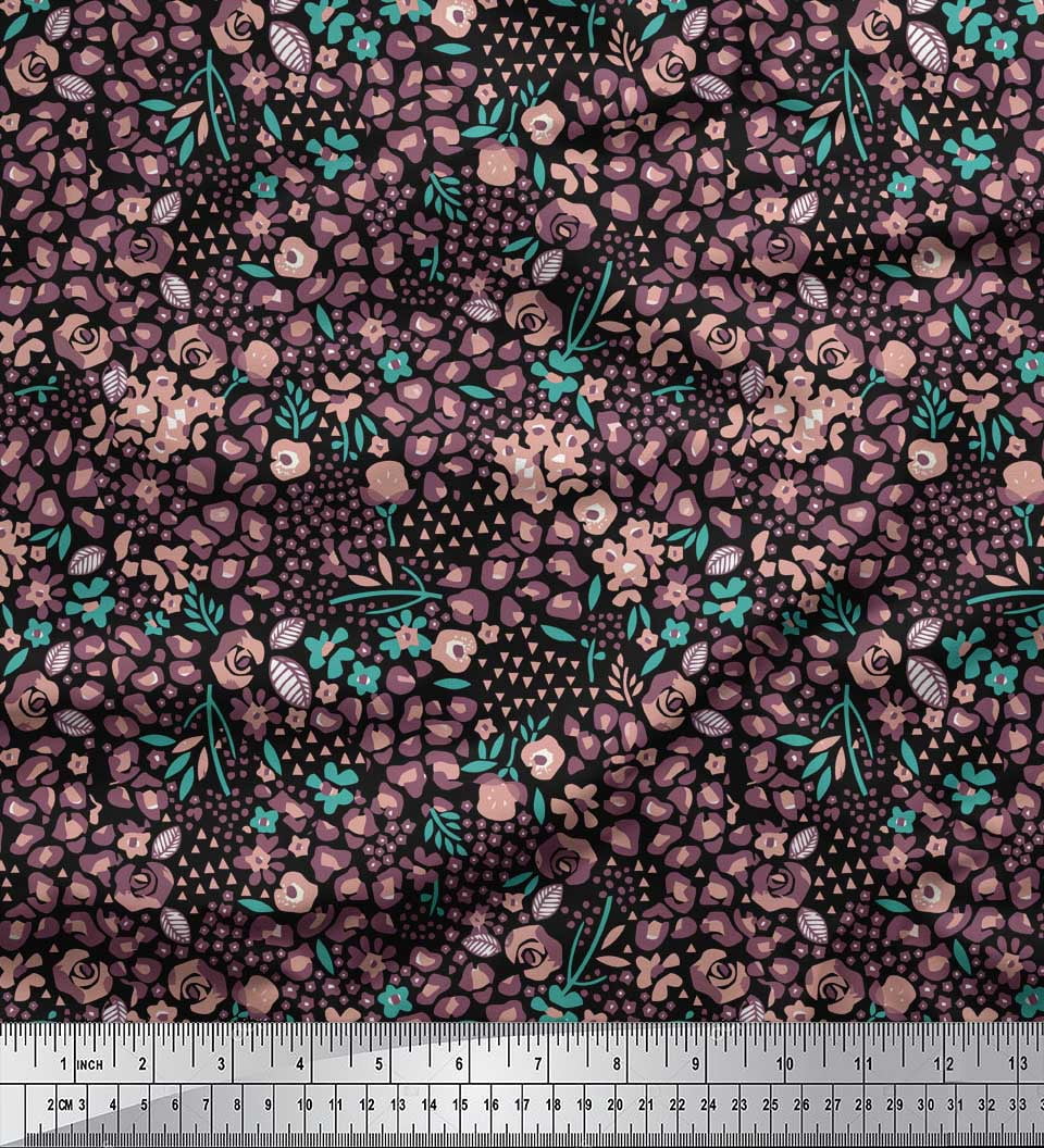 Soimoi Black polyester Crepe Fabric Floral & Leopard Animal Skin Print Fabric by the Yard 52 Inch Wide