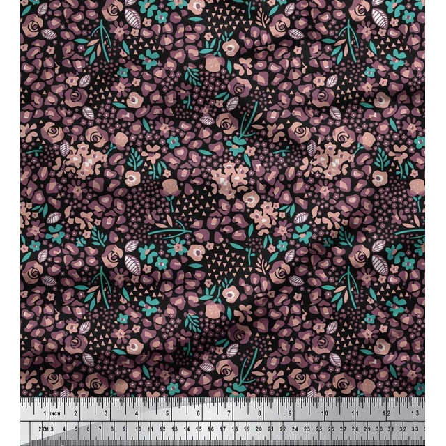 Soimoi Black polyester Crepe Fabric Floral & Leopard Animal Skin Print Fabric by the Yard 52 Inch Wide