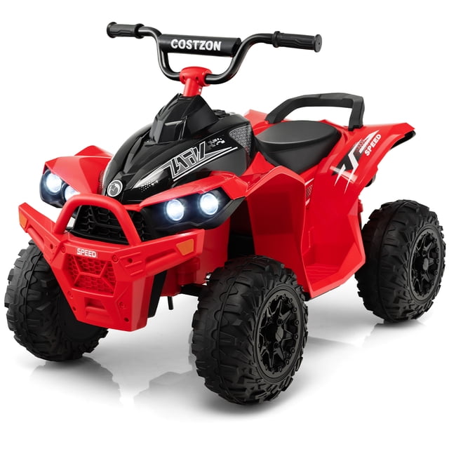 Costway 12V Battery Powered Kids Ride On ATV Electric 4-Wheeler Quad Car in red with MP3 and lights. Features a realistic ATV design with bright headlights, anti-slip handlebars, and four wear-resistant wheels for smooth riding on various terrains. Includes a comfortable seat, wide footrests, and functional buttons for forward/backward movement and speed control. Suitable for children aged 3-8 years, with a weight capacity of 77 lbs. Made of durable PP material and equipped with a rechargeable 12V battery and two powerful motors for speeds up to 2.7 mph.