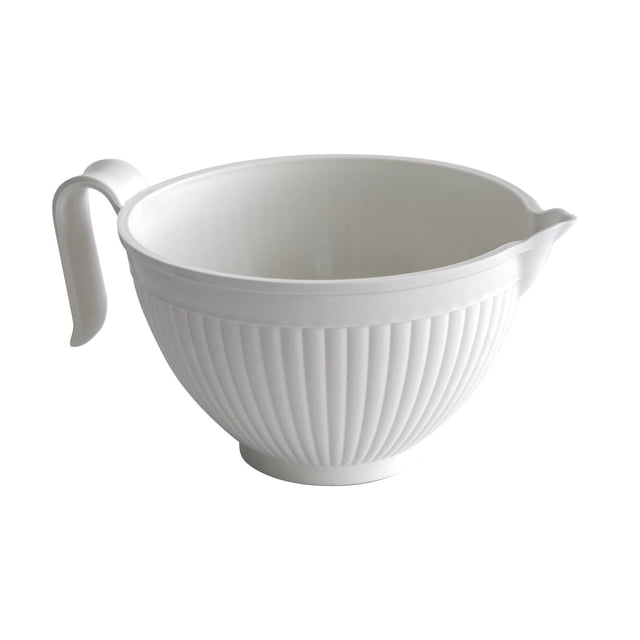 Nordic Ware Better Batter Bowl, a white 10-cup capacity mixing bowl made of BPA and melamine-free plastic, featuring a ribbed exterior, ergonomic handle, and pouring spout, microwave and dishwasher safe, suitable for mixing and heating ingredients.