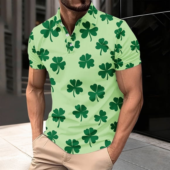 NTACZA Chemises pour Hommes Décontractées St. Patrick Trèfle Manches Courtes Polos Irlandais à Boutons Clover Imprimé T-Shirt pour Hommes 5X