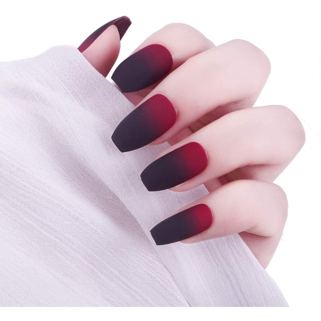 24 Pcs Ongles Faux Pressés Dégradé Noir Mat Rouge, Ongles Faux Moyens Style Ballet Cercueil, Pointes d'Ongles Colorées