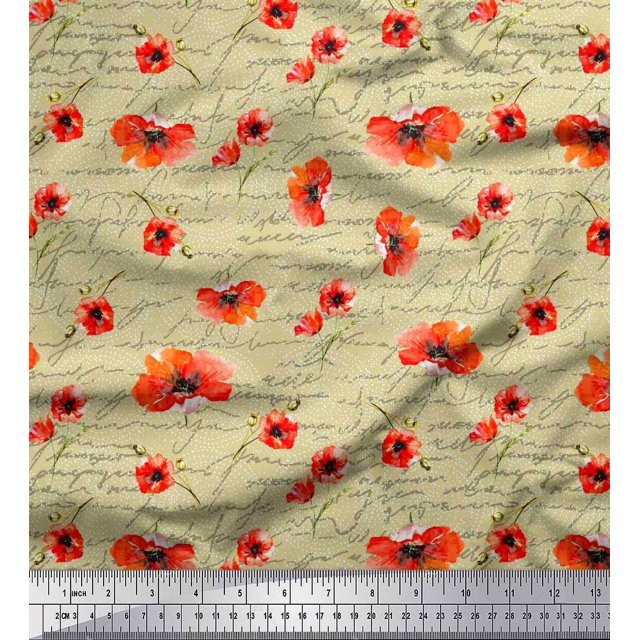 Soimoi Beige Modal Satin Fabric Text & Poppy Floral Print Fabric by the Yard 42 Inch Wide
