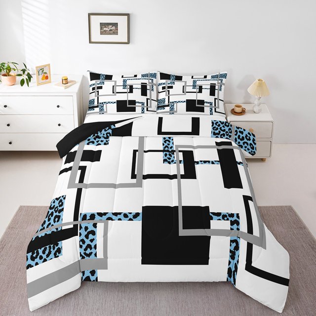 YST Couette à Rayures Bleues Très Grand pour Enfants Garçons Filles, Literie Moderne, Ensembles de Literie Imprimés Guépard, Couette Réversible Géométrique Chic avec 2 Taies d'Oreiller