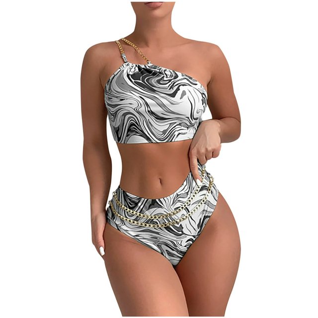 Womens Two Piece Swimsuits One Shoulder Print Bathing Suit High Waisted Bikini Swimwear
