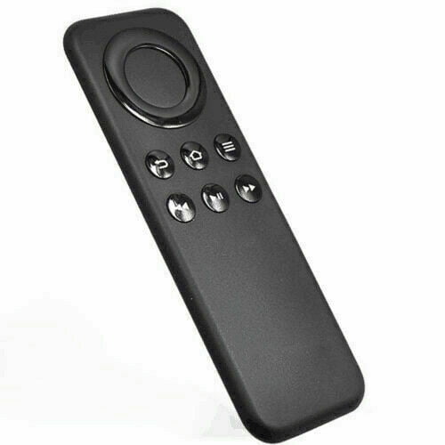 CV98LM Voice Remote Control for Amazon Fire Stick TV Gen1 & Gen2, designed in black ABS material. The remote includes a circular navigation pad at the top and six functional buttons below, such as home, back, menu, play/pause, and directional controls. Compatible with Amazon Fire TV Stick and Fire TV Box, this replacement remote lacks a microphone and voice-operated function. Suitable for managing smart TVs and streaming platforms like Netflix, YouTube, and Hulu.